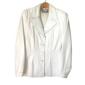 DKNY Women White Leather Blazer Style Jacket Coat Fully Lined Size 4